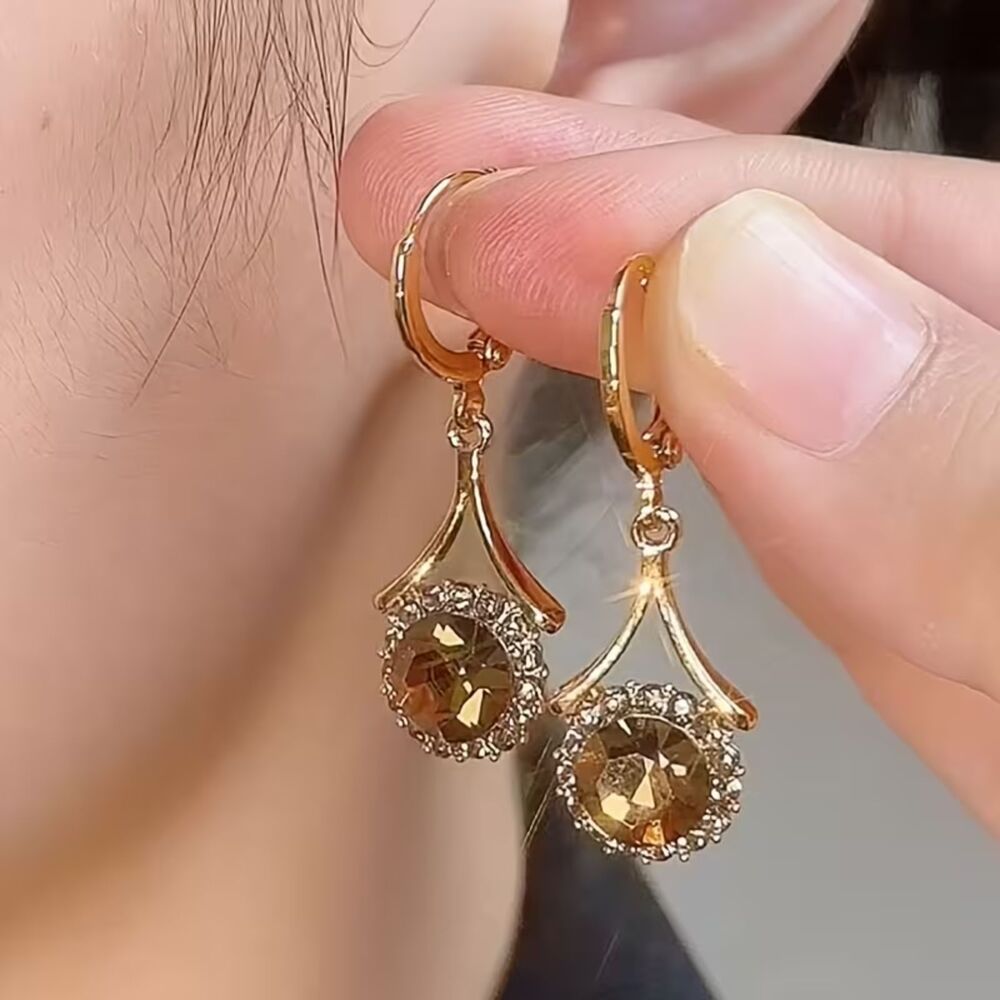 Gold Caramel Zirconia Crystal Drop Hoop Earrings Dangle Teardrop Pendant Charm